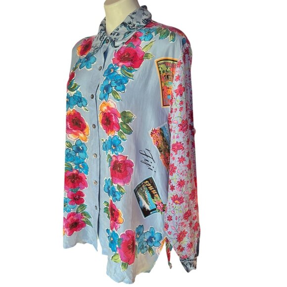 Carole Little Womens Silk Button-Up Shirt Dress 14 Island Prints Long Sleeve 80s - Picture 1 of 16